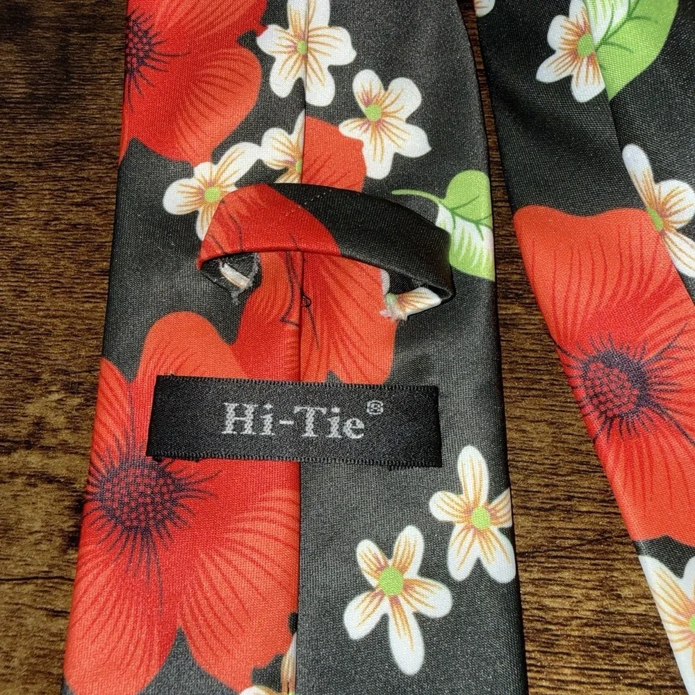 Hi-Tie Floral Tie & Pocket Square Set Black Red Flower Neck Tie Handkerchief Men